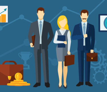 Team di professionisti in abiti formali con grafici finanziari, valigetta e simboli di successo aziendale