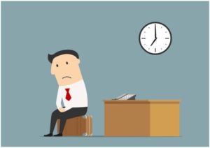 Uomo d'affari in attesa presso scrivania con orologio, illustrazione su orario di lavoro e obbligo di permanenza