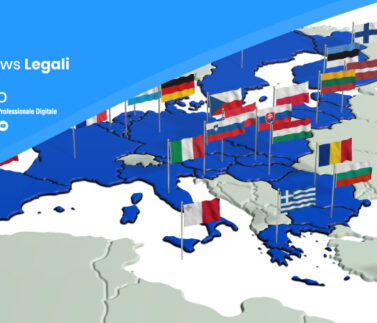 Mappa dell'Unione Europea con stati membri evidenziati in blu e bandiere nazionali, simbolo di diritto comunitario e no…