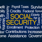 Word cloud con termini di previdenza sociale: Social Security, tasse sui salari, crediti fiscali, protezione anziani e …