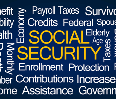 Word cloud con termini di previdenza sociale: Social Security, tasse sui salari, crediti fiscali, protezione anziani e …