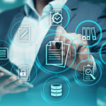 Gestione digitale documenti legali e fiscali con icone di database, contratti e verifiche