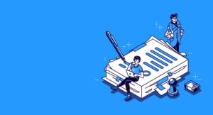 Illustrazione del processo civile telematico con figure che lavorano su documenti digitali