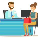 Donna con borsa rossa seduta alla scrivania con laptop per consulenza legale e fiscale